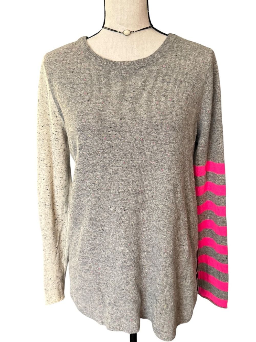 Lisa Todd 100% Cashmere Sweater M Gray Neon Pink Colorblock Striped Long Sleeved